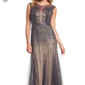Adrianna Papell Long beaded gown.  Illusion neck